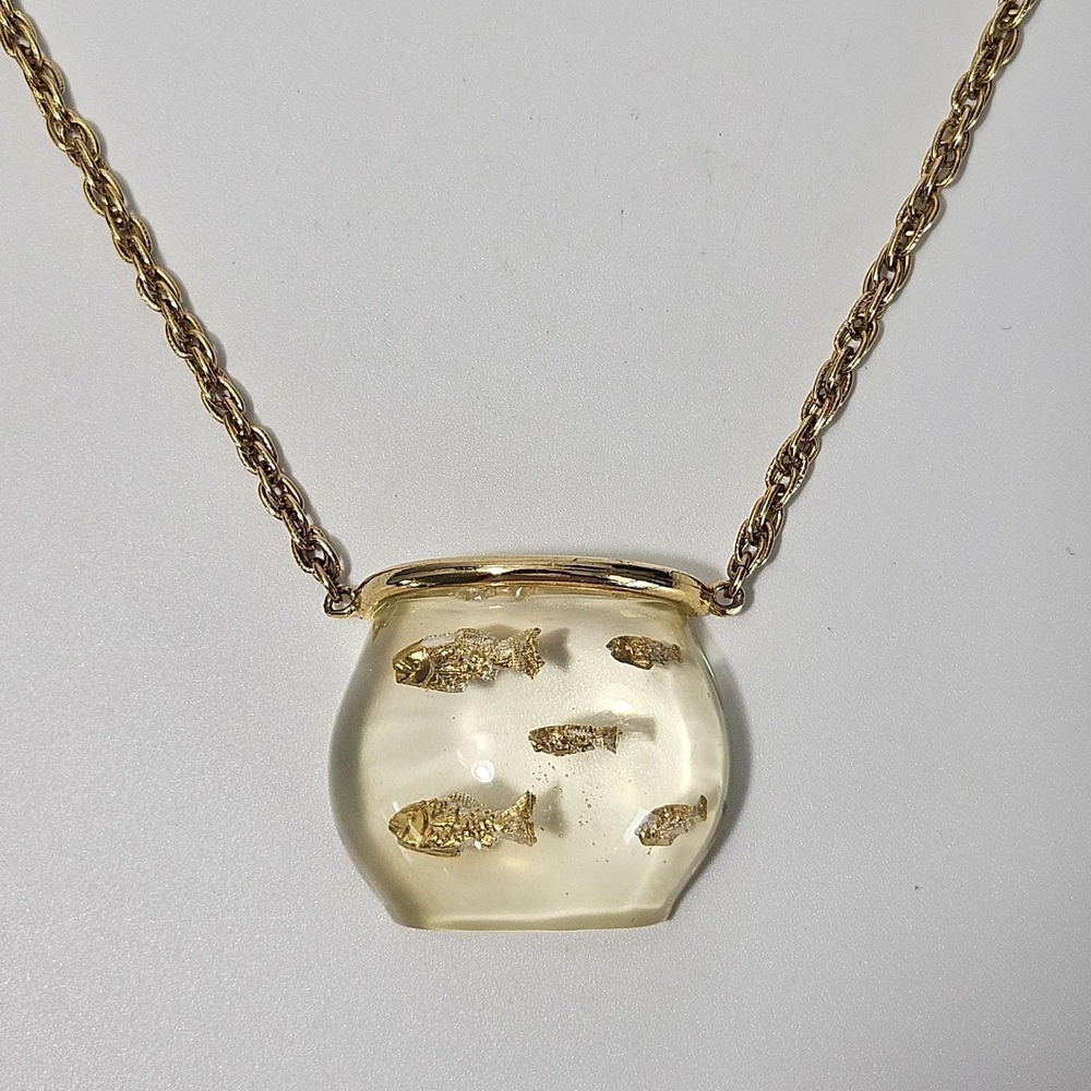 Vintage Lucite Fish Bowl Necklace Gold-Tone Pendant 22"